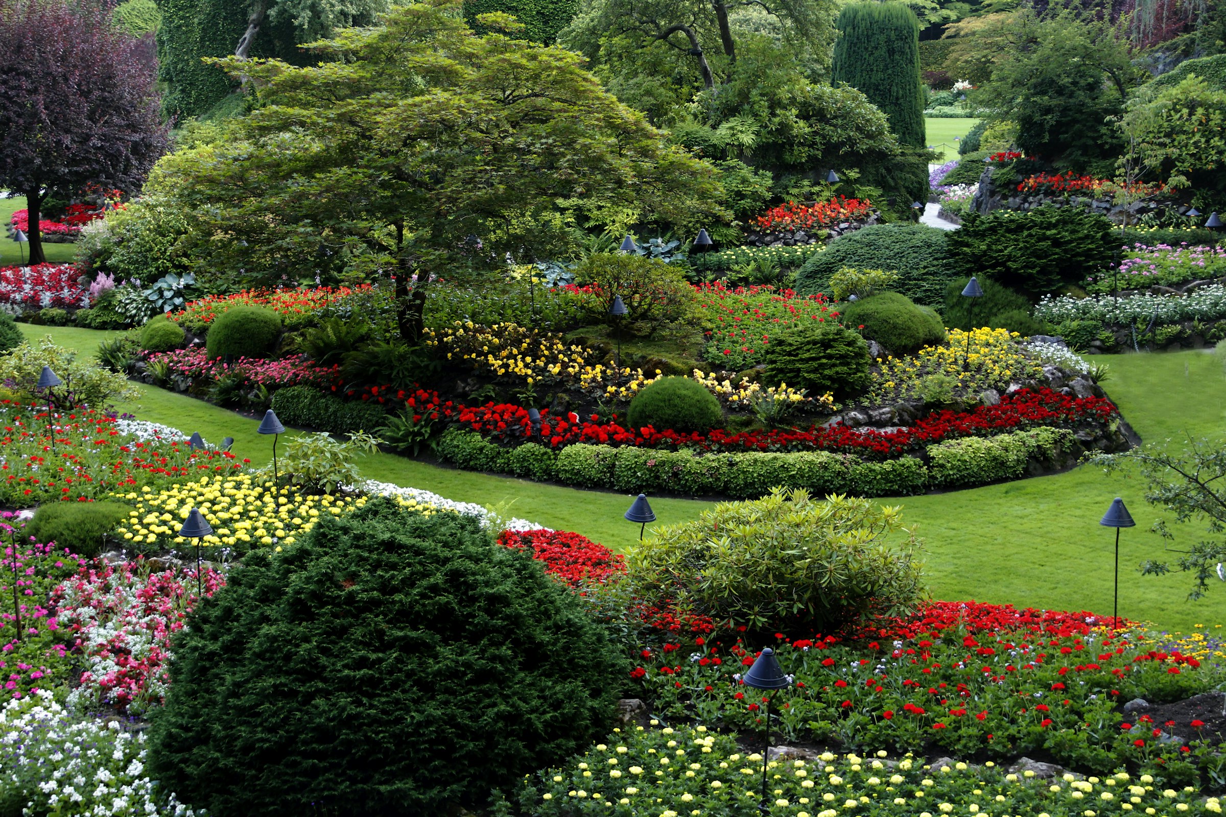 Colorful flower beds, manicured shrubs and mature trees in a formal garden