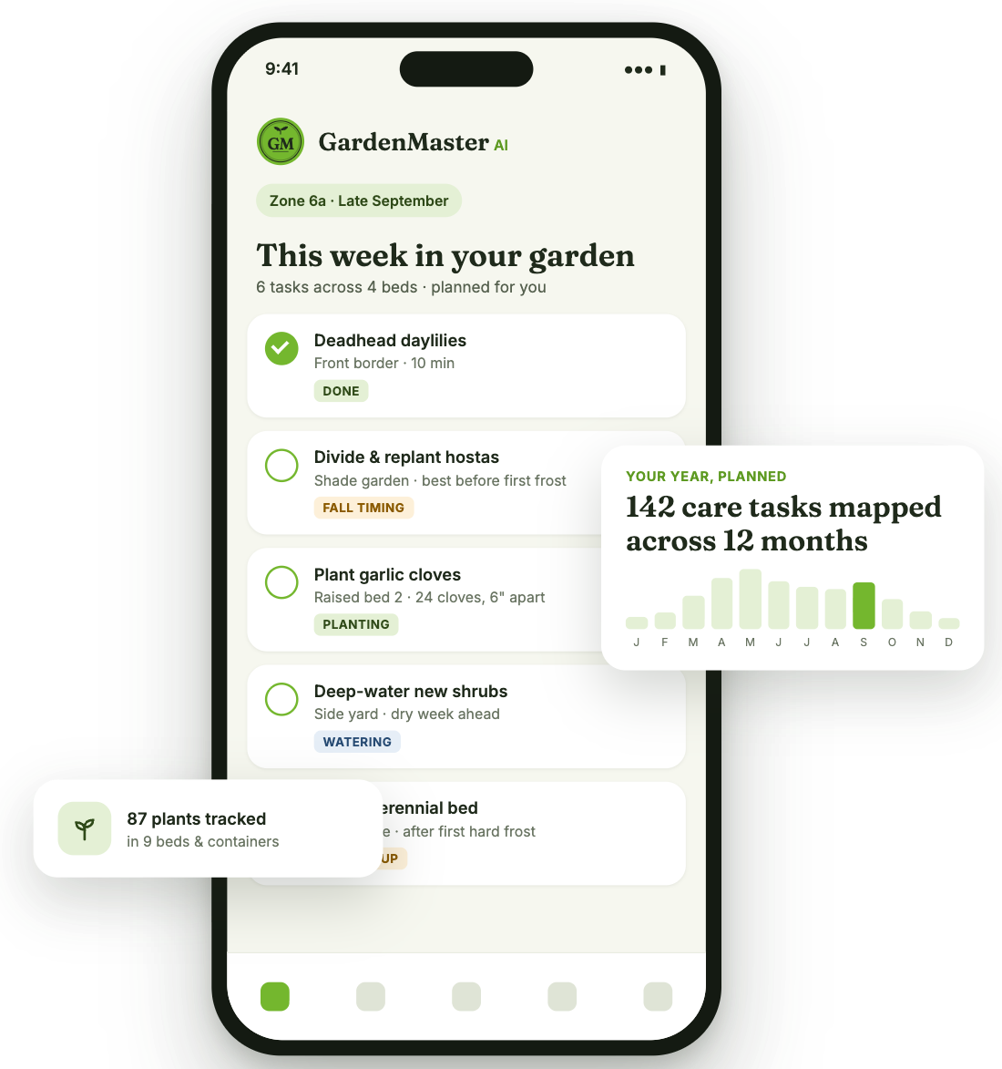 GardenMaster AI app on a phone showing this week's garden care tasks and a year-round care plan